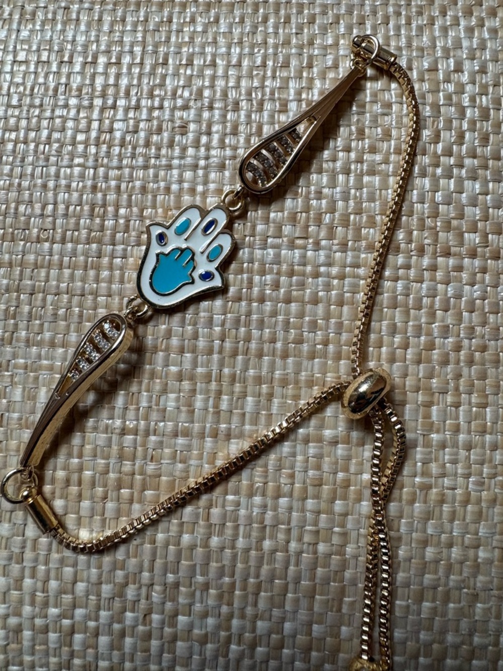 New Adjustable Hamsa Blue, White, and Gold Bracelet with Rhinestones
